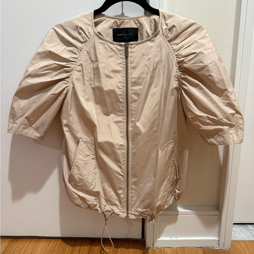 BCBGMaxAzria Tan Bomber Jacket with Puffed Sleeves